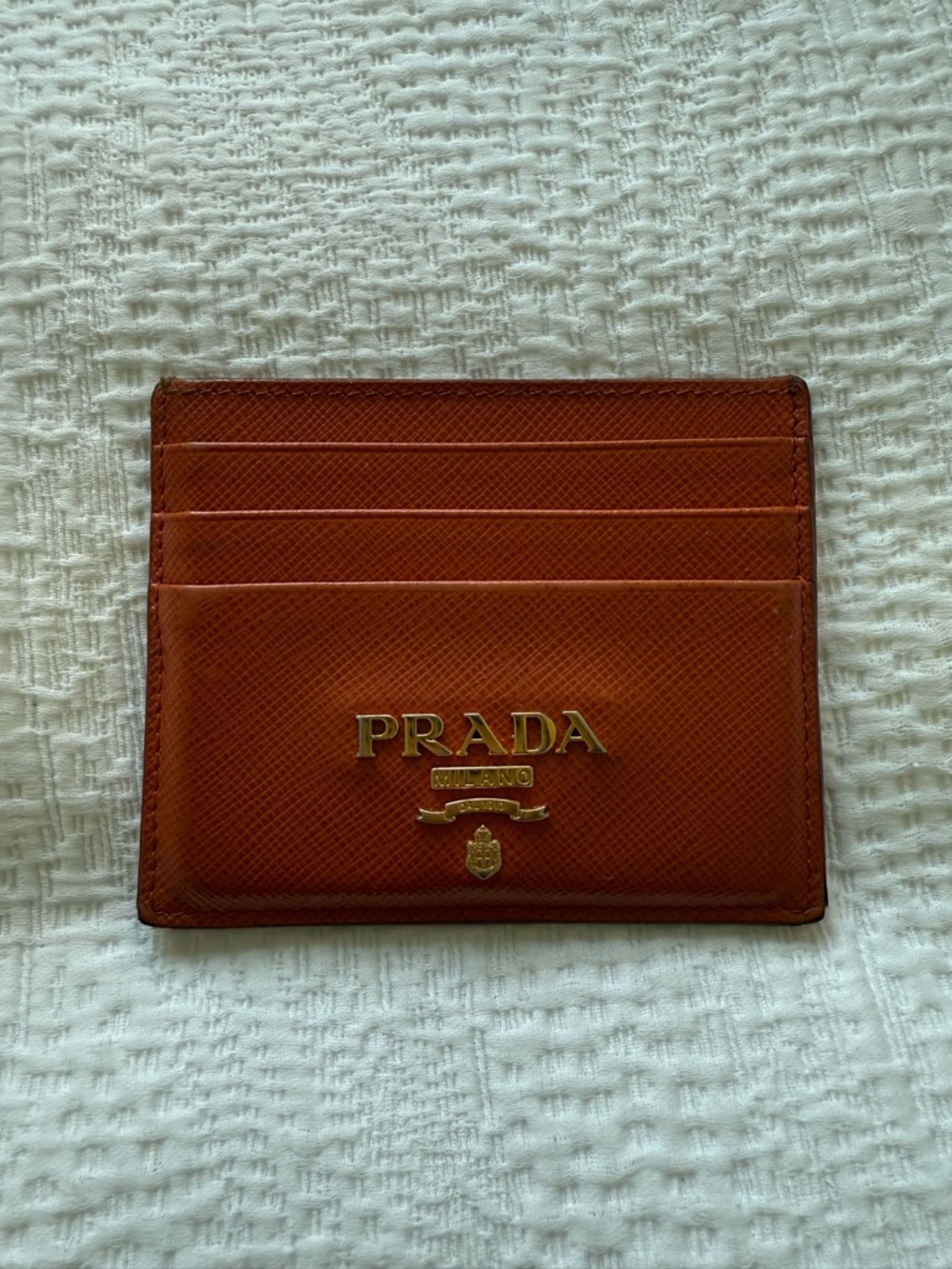 Prada Orange Saffiano Leather Card Holder with Gold Logo